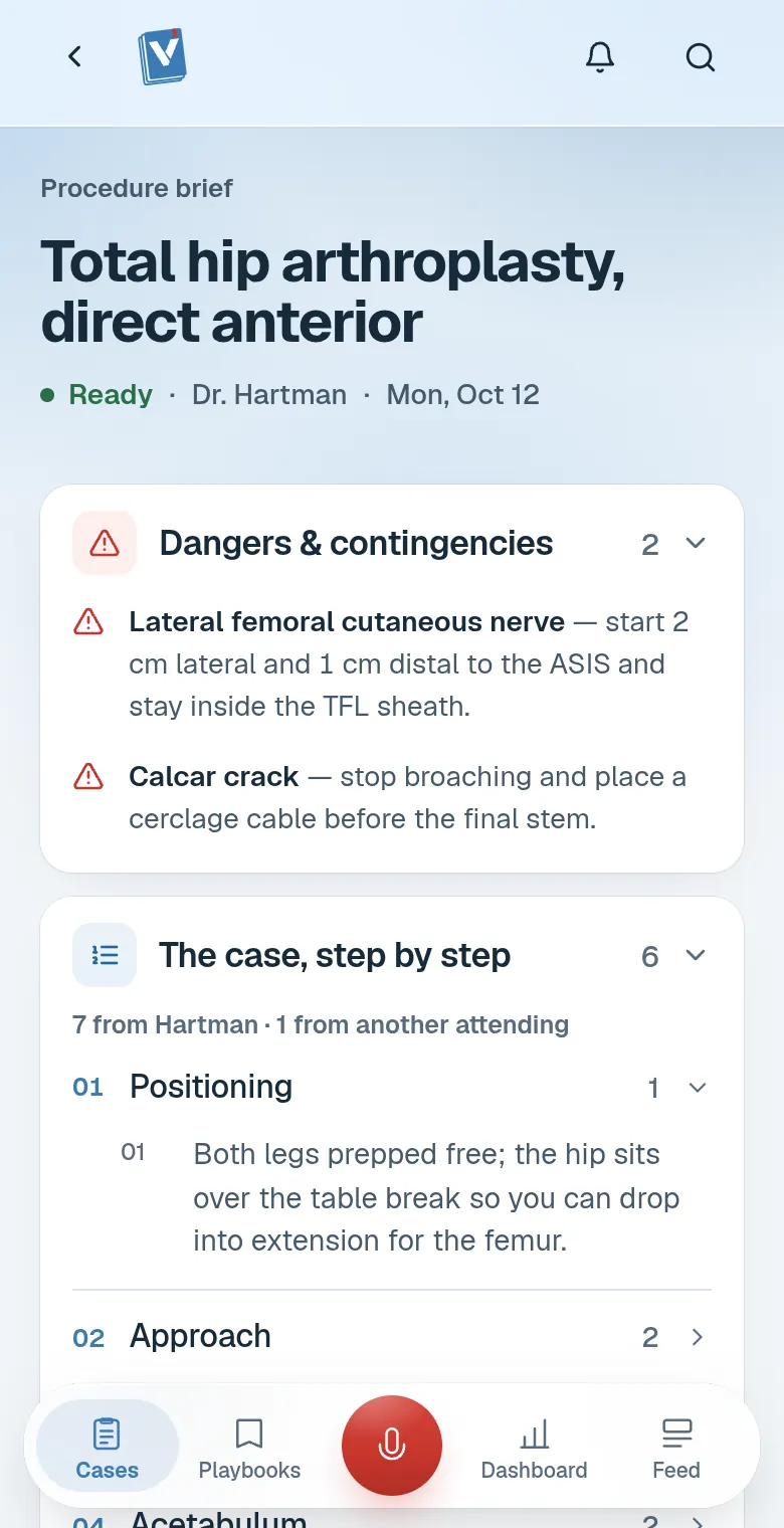 A procedure brief: dangers first, then the case step by step with the attending's pearls.