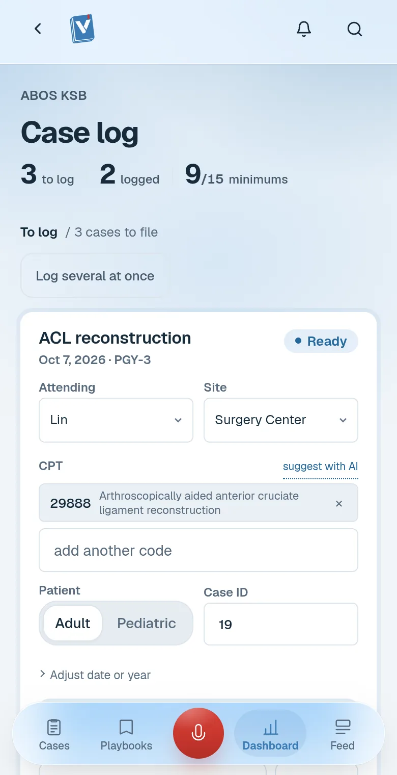 ABOS case log: cases ready to log with CPT, attending and site filled in.